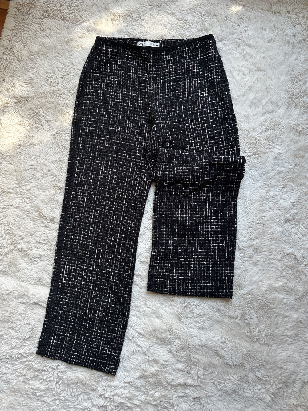 Zara Black & White Tweed Pants Textured Trousers Chic Fall XS Straight Wide Leg
